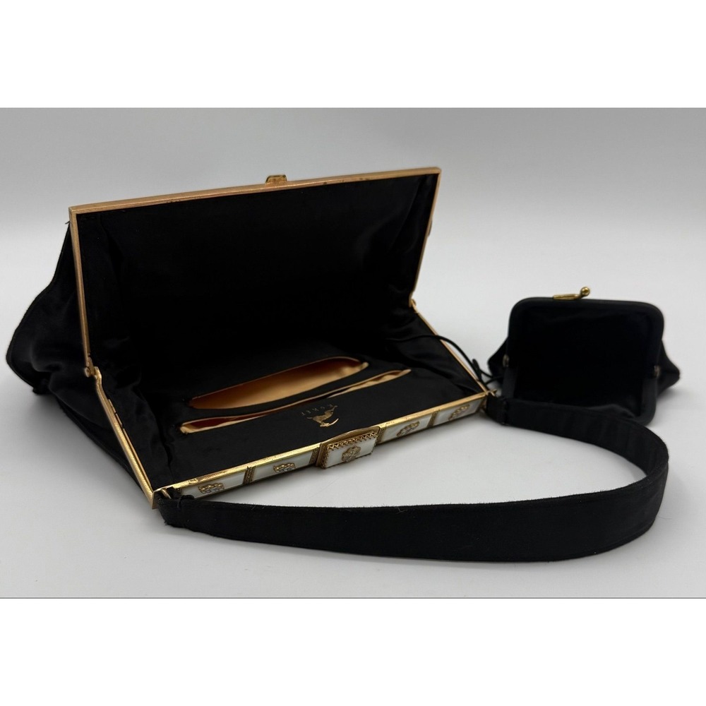 VTG Koret Black Satin Evening Bag Mother of Pearl Enamel Frame Gold Tone Clutch - Picture 8 of 12